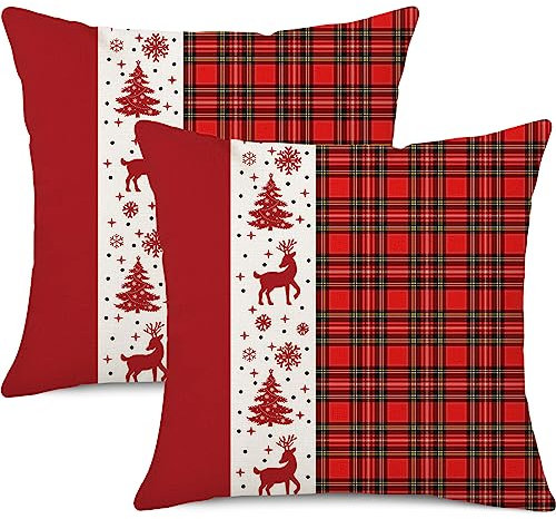 Ohok 2er Set Dekorativ Weihnachten Kissenbezug 45x45 cm, Polyester Leinen Zierkissenbezüge Hirsch Schnee Kissenbezüge Dekor Kissenhülle Set für Schlafzimmer Wohnzimmer Sofa Couch Auto - Rot Plaid