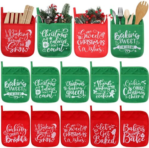 Yaomiao 10 Pcs Christmas Pot Holders with Pocket Pot Holder Potholder Gift Hot Pads Heat Resistant Oven Mitts Cookie Bag for Kitchen Baking Cooking (Red, Green,Simple)