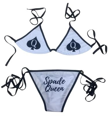 BBC Queen of Spades QOS Bikini Adjustbale Top,bottom Set Micro String Thongs Women Swimsuit Free Size Hardcore Words Phrases, White, One Size