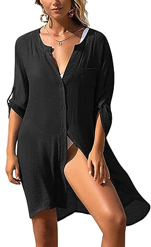 Colisha Women's Beach Cover Up Shirt Bikini Beachwear Bathing Suit Beach Dress Button Down Bathing Suit Coverups Blouse Roll Sleeved Black XXL