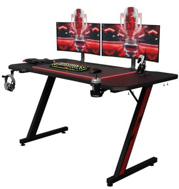 TRIUMPHKEY Mesa Gaming 140 x 60 cm, Escritorio Gaming en Forma de Z Ergonómica, Mesa Gamer de Fibra de Carbono, Mesa para Ordenador con Portavasos y Gancho para Auriculares, Negro