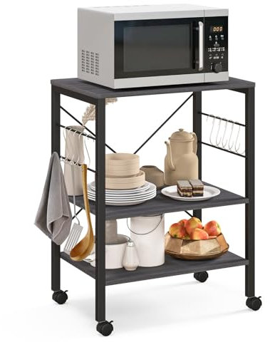 TANGZON 3-Tier Kitchen Baker's Rack on Lockable Wheels, Metal Frame Rolling Kitchen Storage Cart with 5/10 S-Hooks, Utility Shelves Unit for Home Dining Living Room (2 Adjustable Shelves, Dark Brown)