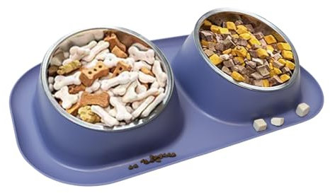 HelaCueil 2 in 1 Cat and Small Dog Bowl Food Grade Stainless Steel Neck Guard Tilted Bowl with Round Bottom Prevent Food Spillage Blue