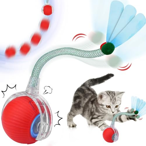 Katzenspielzeug Elektrisch, Interaktives Katzenspielzeug, 360° Automatisch Hundeball Elektrisch, Katzenball mit LED-Licht, Interaktives Katzenspielzeugs mit Libellenschwanz Unregelmäßige Bewegung(Rot)