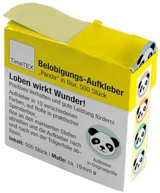 TimeTEX - Belobigungs-Aufkleber Panda | Lehrersticker für motivierendes Feedback | 500 Sticker in praktischer Spender-Box | 1 Motiv mit verschiedenfarbigen Hintergründen | 19 mm ø