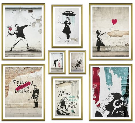 ARTFAVES® Poster Set - BANKSY STREET ART - mehrteilige Wanddeko Wohnzimmer - 8 moderne Wandbilder Collage, Girl Balloon, Flower Thrower, Umbrella - mit Rahmen Gold