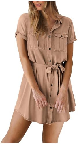 RKaixuni 2024 Damen-Jeanskleid, kurzärmelig, Knopfleiste, Jeanshemd, Minikleid mit Taschen, Arbeit, Business, Büro, modische Kleidung, khaki, Medium