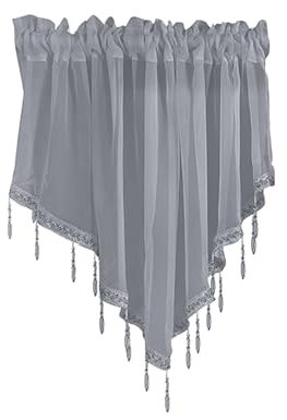 BOYOUTH Triangle Swag Short Valance Curtains with Trim Beads,Rod Pocket Elegant Sheer Voile Tulle Valances Window Treatments for Kitchen,Cafe,Bedroom,51 by 24 Inches,Grey,1 Panel
