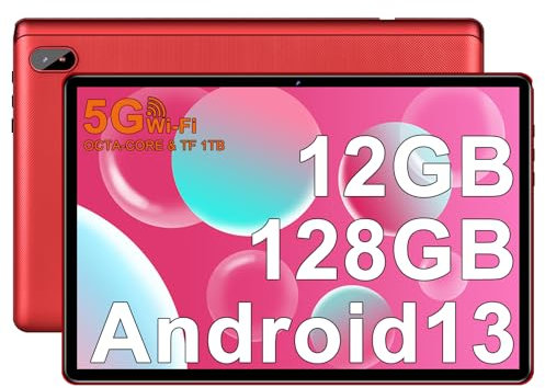 FACETEL Tablet 10 Pulgadas Android 13 Tablet Octa-Core 2.0 GHz, 12GB RAM + 128GB ROM (1TB TF), 5G WiFi + Bluetooth 5.0, 5MP+8MP, HD IPS, Facciale ID, Widevine L1, Tablet con Case - Red