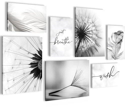 Novart Wandbilder Pusteblumen - KOMPLETT AUFHÄNGFERTIG - Schwarz Weiss Wohnzimmer Schlafzimmer Flur - 7 Moderne Mood-Bilder - N036071a