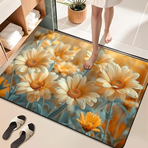 Absorbierende Kieselgur Badematten 80x120 cm Rutschfeste Badvorleger 3D Chrysantheme Blumen Sonnenblume Muster Badteppich Schnell Trocknend Leicht zu reinigen Duschmatte Fußmatte für Badezimmer Küche