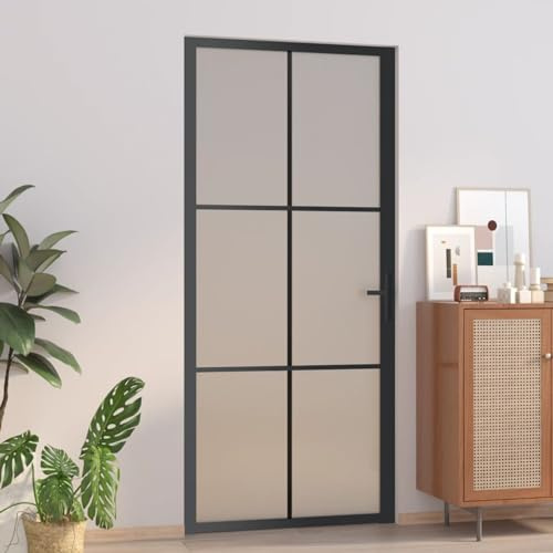 IKAYAA Porta Interna in Vetro Porta da Interni Battente Porta Vetro per Bagno Cucina Studio in Vetro e Alluminio-Nero e ghiaccio-93 x 201.5 cm-Tipo 2