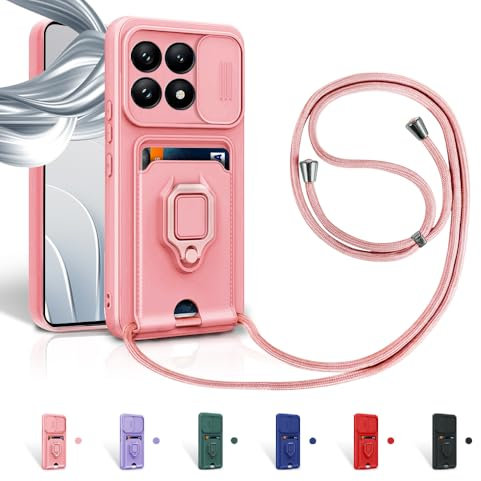Aithne Case für Xiaomi Mi 14T Pro Handykette Hüll,Slide kameraschutz,Silikon Handyhülle zum Umhängen Kette,360 Grad Ringhalter Stand Kartenfach-Pink