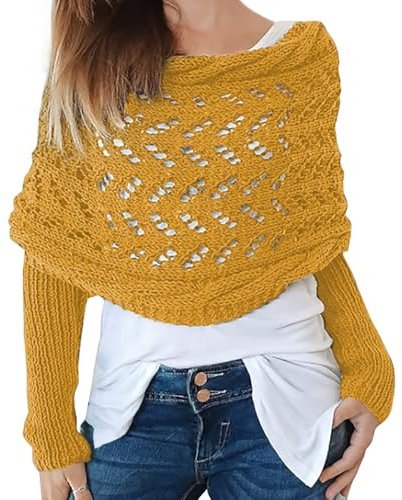 Icegrey Schal Mit ärmeln für Damen, Gestrickter Zopfmusterschal, Winter Pullover Schal, Sweater Scarf with Sleeves, Strickschal, Gelb