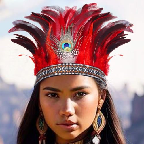 Zoestar Serre-tête en plumes de paon indien, bibi décoratif pour festival, costume de festival, accessoires de cheveux pour femme (rouge, taille unique)