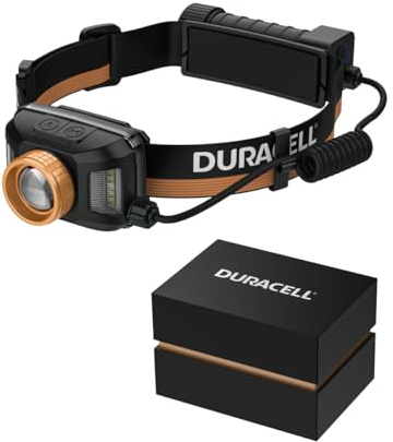 Duracell Linterna frontal LED DH1500R Pro – 1500 lúmenes, enfocable, alcance de 50 m, función de luz roja, recargable por USB-C, batería de ion de litio 18650, varios modos de luz, a prueba de