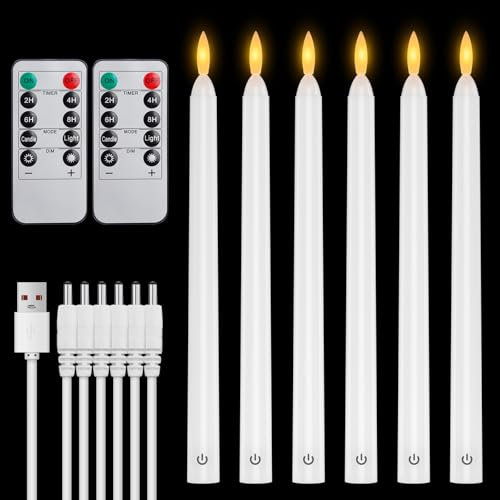 6 pcs Rechargeable LED Taper Dinner Candles with 2 Remote Controls, Artificial Fake Candle Sticks, Timer Function, Realistic Flickering Flame Effect Flameless for Christmas Wedding Church Decor