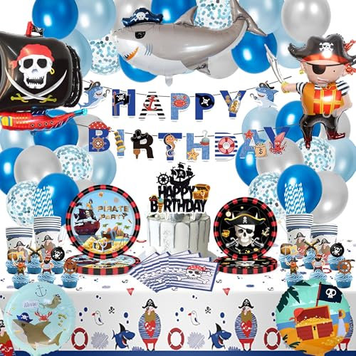 Piraten Partygeschirr Set Deko Kindergeburtstag - Pirate Geschirr Pappteller Becher Servietten Strohhalme, Piratenschiff Folienballon und Happy Birthday Girlande für Geburtstagsdeko