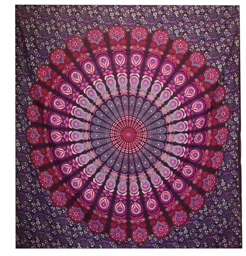Double Cotton Bedspread + Wall Hanging - Peacock Mandala - Purple