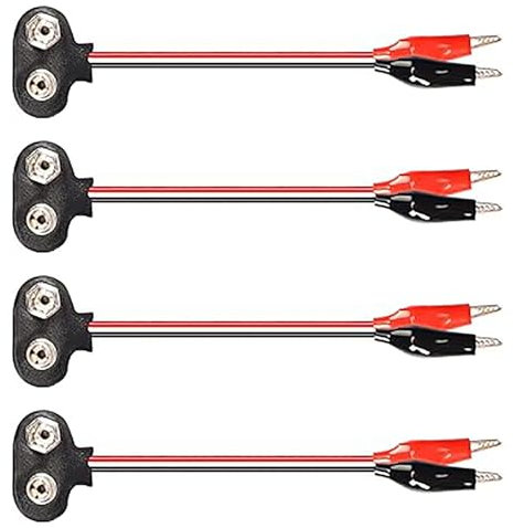 Bxian 4PCS T Shape 9V Battery Snap Connectors 15cm Positive and Negative Snap Leads to Dual Alligator Clip Cables for Connecting Power Modules Breadboard Electrical Engineering