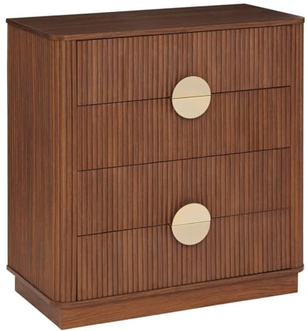 Atmosphera - Commode Wany – 4 Tiroirs Effet Noyer – Meuble de Rangement Design avec Façades Cannelées et Poignées Dorées – Bois Marron – 80x40cm