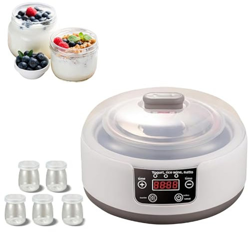 Yaourtière, Machine à yaourt de 1200 ml avec 5 pots en verre, Écran Numérique, Thermostat Réglable et Minuterie, Yaourtière électrique pour Yaourts Faits Maison, Sans BPA