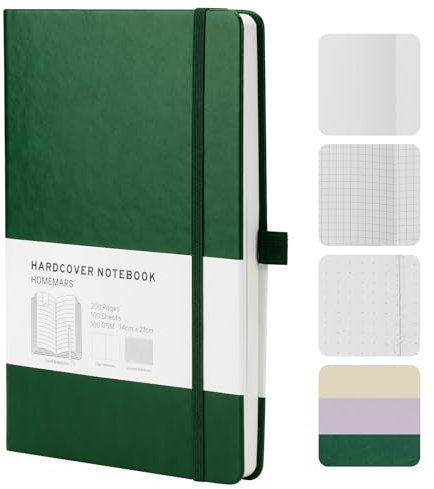 HOMEMARS Notizbuch, Notebook, 21cm*14.5cm, Notizbuch A5 Kariert, Journal buch, Reisetagebuch, Kariert Papier,Notizblock, Notizbücher a5, 100GSM, 200 Seiten, Grün,Leder Hardcover