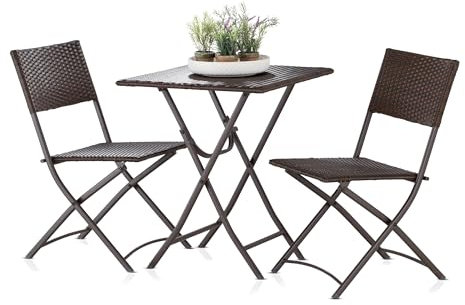 KHG Gartenset Dunkel-Braun, 2 Klappstühle & Tisch, wetterfest Stahl-Gestell für 2 Personen Balkonset, Rattan-Geflecht Outdoor, 110 kg belastbar