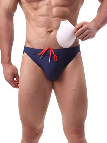 Summer Code Men's Swim Briefs Solid Bikini Padded Swimsuit Low Waist Swimwear with Adjustable Strings, Navy Blue, XX-Large