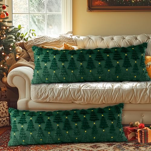 Lanpn 2 Stück 40x80cm Kissenbezüge Weihnachten, Weihnachtsdeko Kissenbezug Kissenhülle Weihnachten mit Stern und Weihnachtsbaum für Büro Home Wohnzimmer Schlafzimmer Couch Bett Sofa Dekor (Grün)