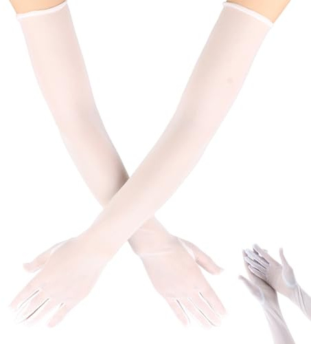 Lange Handschuhe Damen,Elegant Tüll Handschuhe aus Nylon,Hautfarbe Schwarz Handschuhen Kostüm,Stilvolle Long Armstulpen Gloves,für Hochzeiten,Abend Party,Opernaufführungen,Halloween (Weiß, M)