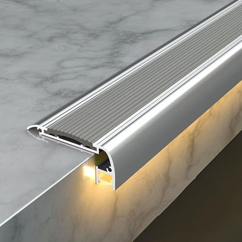100/150 cm Anti-Rutsch Treppenkantenprofil mit LED-Kanal, Aluminium Treppenkantenschutz mit Gummistreifen für Fliesen/Holz Im Innen- Und Außenbereich Treppen(Gray,100cm/40in)