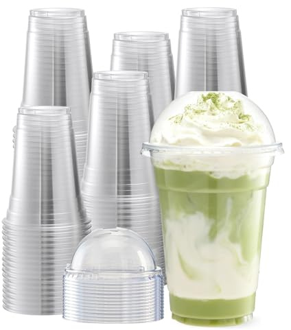 Goodluck Plastic Cups with Dome Lids,100 Pack 16oz/454ml Clear Cold Drinks Plastic Cup Perfect for Iced Coffee, Milkshake, Slurpee, Ice Cream, Slush, Tea,Smoothie