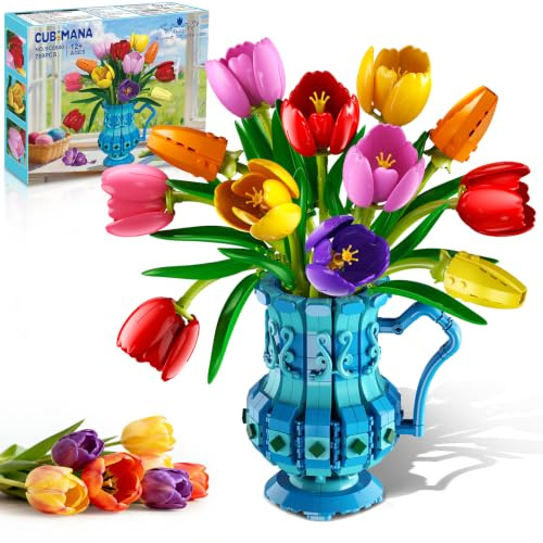 CUBIMANA Flowers Botanicals Tulip Building Set with Vase, 768PCS Artificial Bonsai Plant Blocks Toy, Home Office Desk Indoor Decor Craft Kit, Valentine Birthday Gift for Adults Women Her Mom Girls 12+