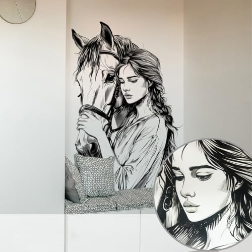 WandSticker4U®- Wandtattoo MÄDCHEN & PFERDE schwarz/weiß (49x72 cm) I Wandsticker Pferde Deko Jugendzimmer Mädchen I Wanddeko Wandaufkleber Mädchenzimmer Teenager Frauen COOL