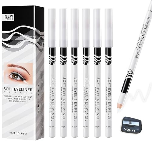 6Pcs White Eyeliner Pencils, Soft Highlighter Gel Eyeliner Pencil, White Pencil for Skin Marking,Highlighter Waterproof, Professional Eye Liner Pen, With Small Tool