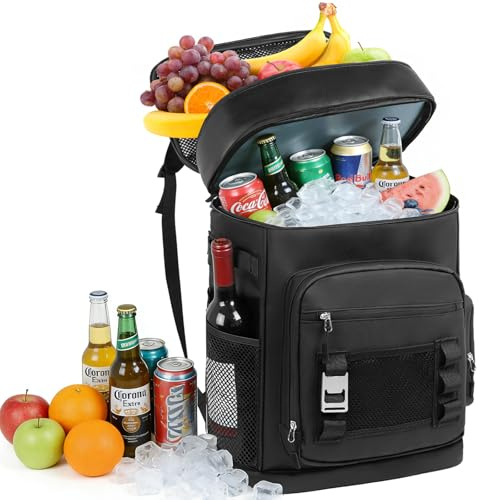 Anhow 30L Kühlrucksack, Groß Isolierte Kühltasche Wasserdichter Picknickrucksack für Männer Frauen, Tragbarer Doppeldeck Kühlrucksack mit Flaschenöffner für Picknick Reisen Camping Strand