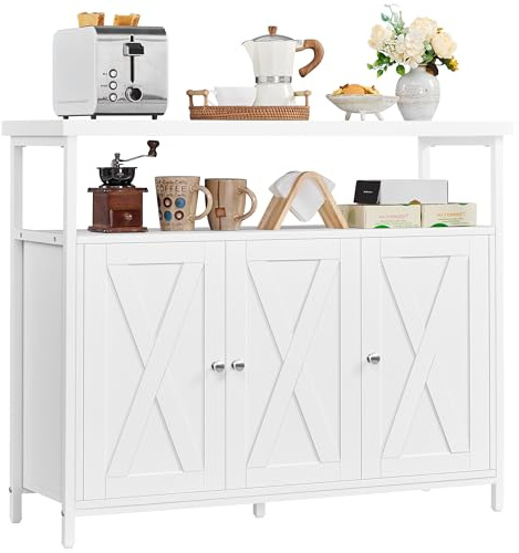 Yaheetech Sideboard, Küchenschrank mit 3 Türen und Offenen Regalen, Weiß | Buffetschrank Aufbewahrungsschrank verstellbare Ablage 100 × 35 × 81 cm