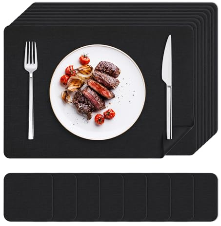 KitchenBoss Platzsets Abwaschbar Tischsets, 8er Platzdeckchen Lederoptik mit Untersetzer Hitzebeständig Doppelseitigen Wasserdicht, 43×30CM,Schwarz