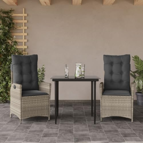 Owoxanthellate Mobilier de jardin 3 pièces en polyrotin 80 x 80 cm, plateau en verre, fauteuil réglable, coussins anthracite pour balcon, terrasse