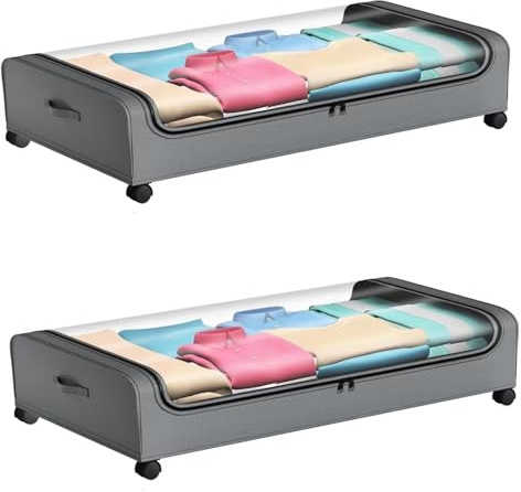 ETOFIXEE 2 Piezas Cajas de Almacenaje Bajo Cama,Caja Bajo Cama con Ruedas,Estructura Metalica,Organizador Zapatos Debajo Cama con Rotación de 360° y Tapa y Ventana de Visua (gris)