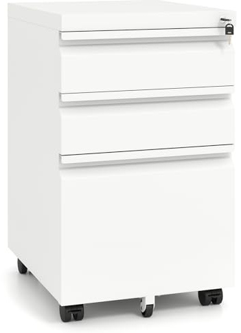 COSTWAY Rollcontainer abschließbar mit 3 Schubladen, Weiß | Aktenschrank unter Schreibtisch, Bürocontainer mit 5 Rädern & Hängeregistratur für Dokumente, Metallschrank, 44 x 37 x 60,5cm