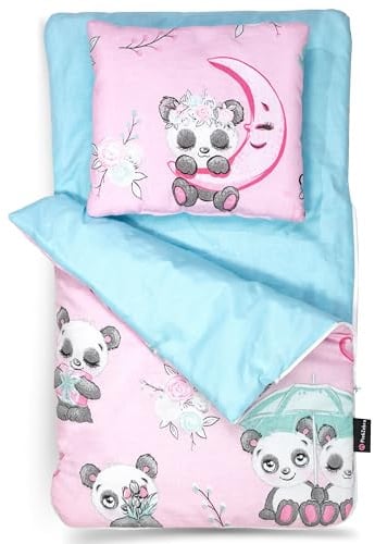 PinkZebra Klein Schlafsack beidseitig, 2-teiliges Set für kleines Bett, Bettzeug aus Baumwolle, Bettzeug mit Kissen für Mini Bett, Pandabär Rosa