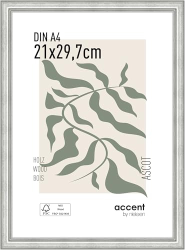 accent by nielsen Holz Bilderrahmen Ascot, 21 x 29,7 cm (A4), Silber | Holz Dokumentenrahmen im Hoch- & Querformat zum Aufhängen Silber matt Echtglas