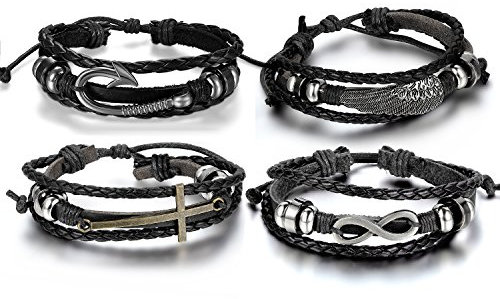 Aroncent Infinity Bracelet Leather Wristband Cross Wing Fish Hook Black 4 PCS 8.5-10.5 Inches