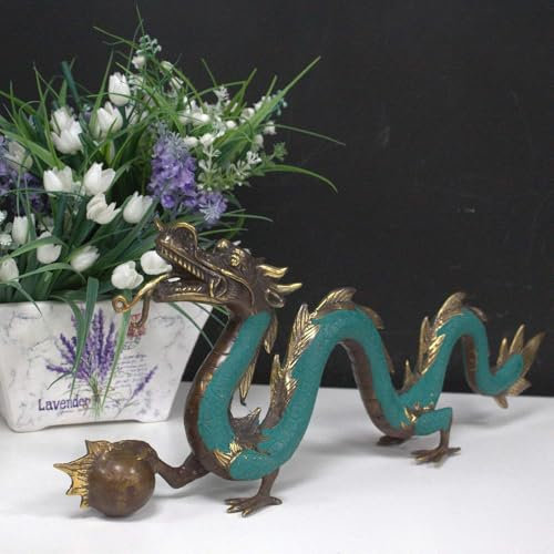 The Spice Cellar Vintage Style Brass Dragon with Ball - Medium Size 26cm - Feng Shui