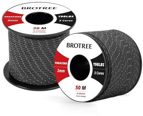 Paracord 2mm 50M 100% Nylon Seil mit 3 Kern Schnur für Outdoor, Armband, Hundeleine - Bruchlast 90kg (Reflektierende Schwarz)