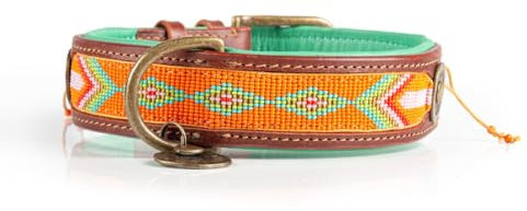 Dog with a Mission - Hundehalsband XXL | Farbenfroh Orange, Türkis | Perlen | Boho, Ethno, Ibiza, Hippie | Große Hunde | Handgemacht | Modisch und Bunt | Aus weichem Echtes Leder | 4 cm Breit