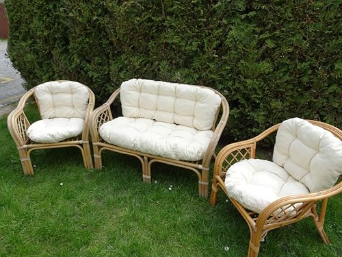 EIN Set Kissen für Ratan und passend für die meisten Dieser Art von Rattanmöbeln. 2 Sessel + Sofa. Hergestellt aus Baumwolle und POLYURETHAN-Schaum-GRANULAT (Naturalfarben)