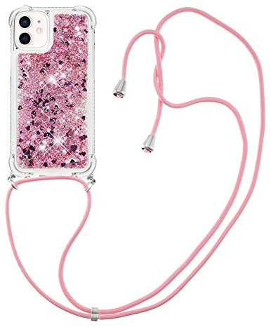 MRSTER Custodia con Collana per iPhone 12, Brillantini Liquido Sabbie Mobili Bumper TPU Case con Cordino Cinturino Lanyard Cover per iPhone 12 / iPhone 12 PRO 6.1”. LP Love Rose